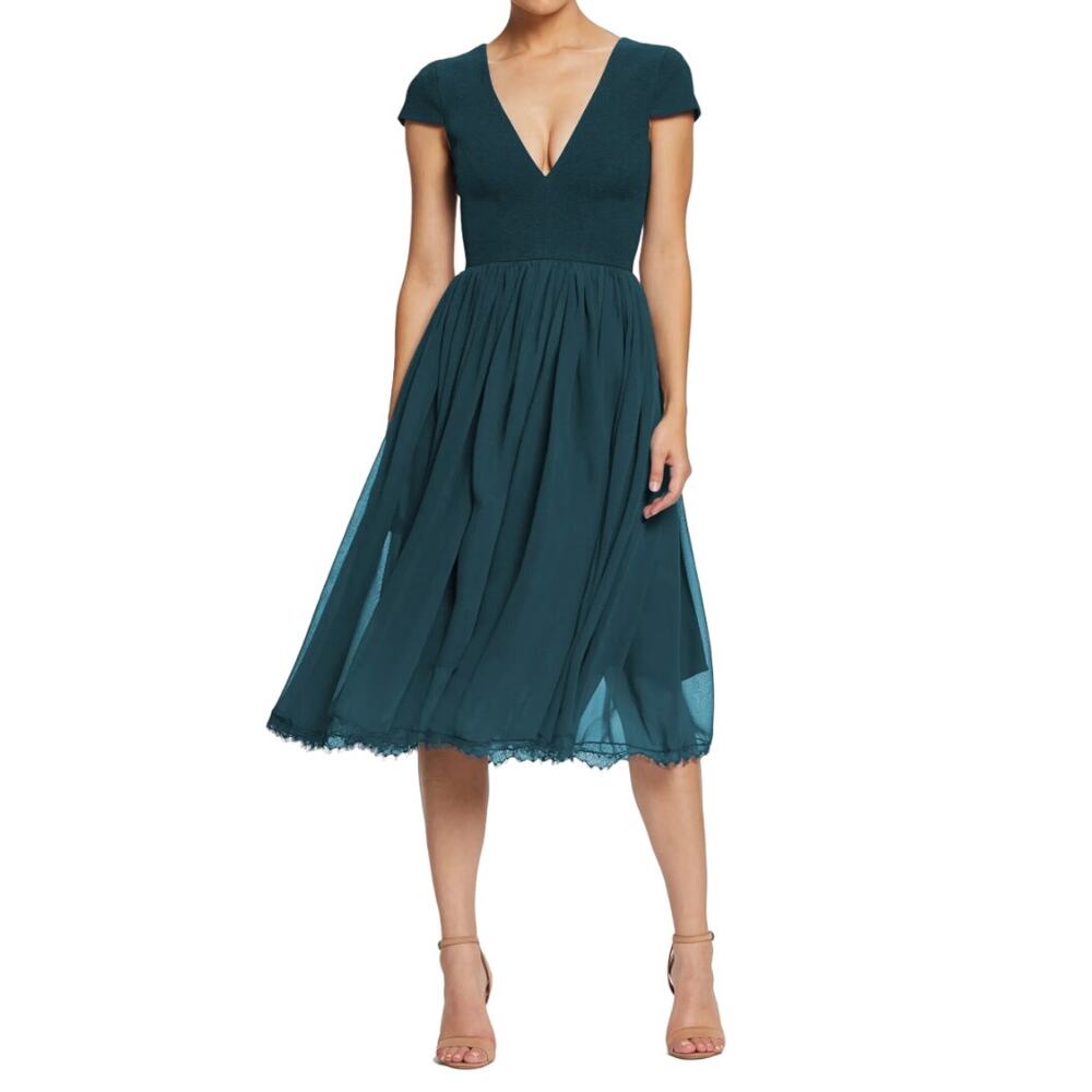 Dress the Population Corey Chiffon Fit + Flare Cocktail Dress Pine Green Size M